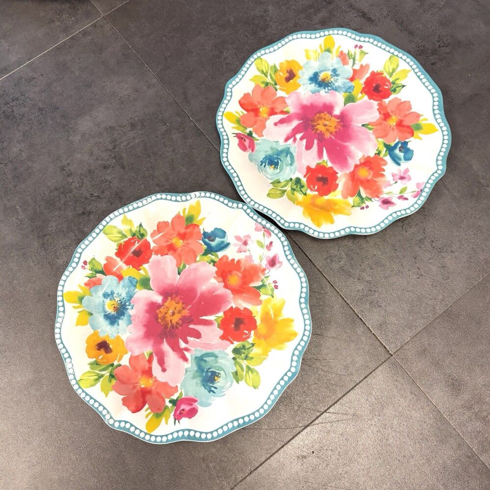 Pioneer Woman 8.5" Breezy Blossoms Floral Melamine Plastic Salad Plates Set Of 2